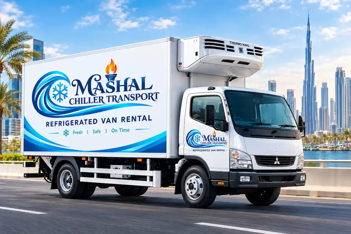 Chiller truck rental Dubai — Isuzu N-Series refrigerated truck holding 0°C to +8°C